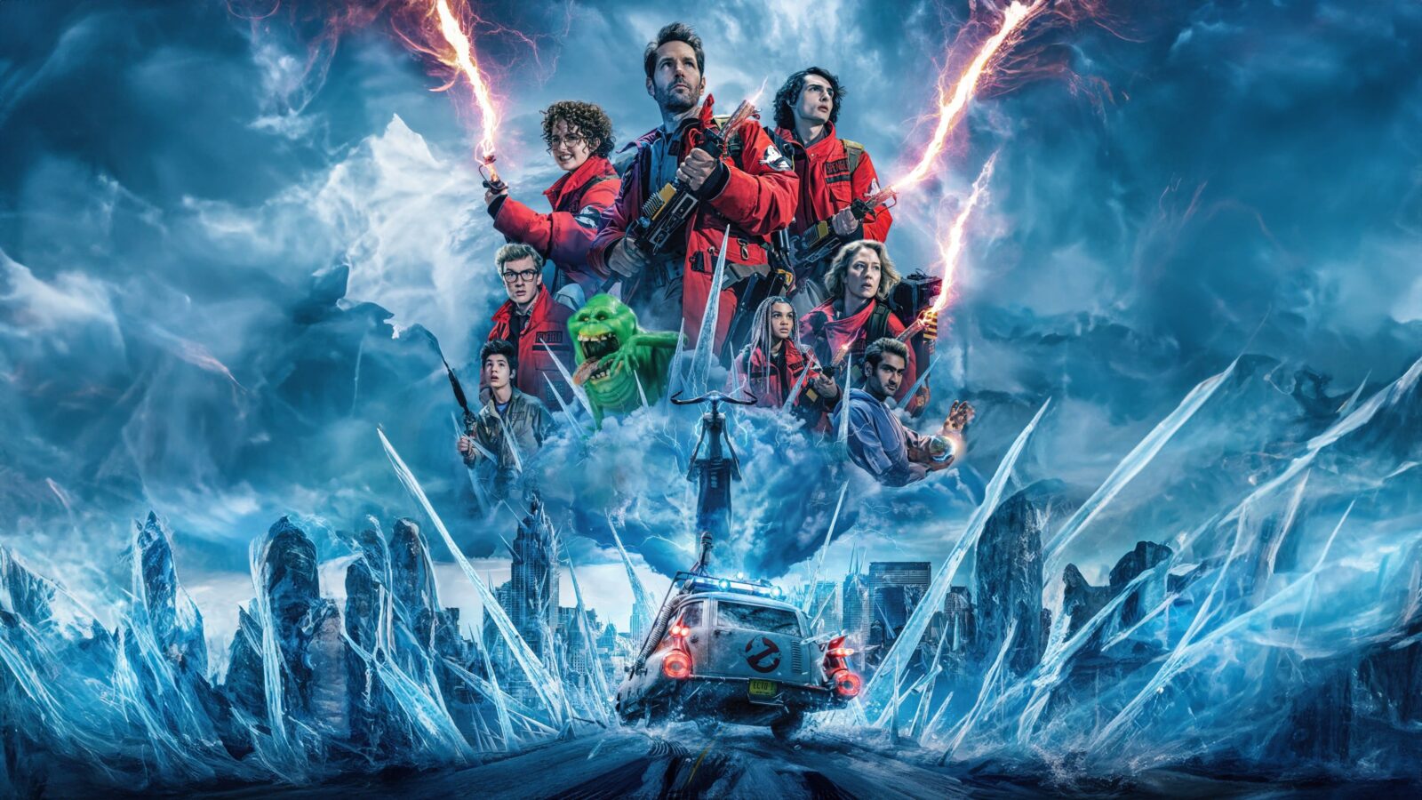 The poster for Ghostbusters: Frozen Empire shows the main characters in red Ghostbusters uniforms, holding proton packs with energy beams. They stand above the Ecto-1 car, driving through an icy landscape with jagged ice formations. A stormy sky looms in the background, and the ghost Slimer appears among them. The poster suggests an action-packed, supernatural adventure.